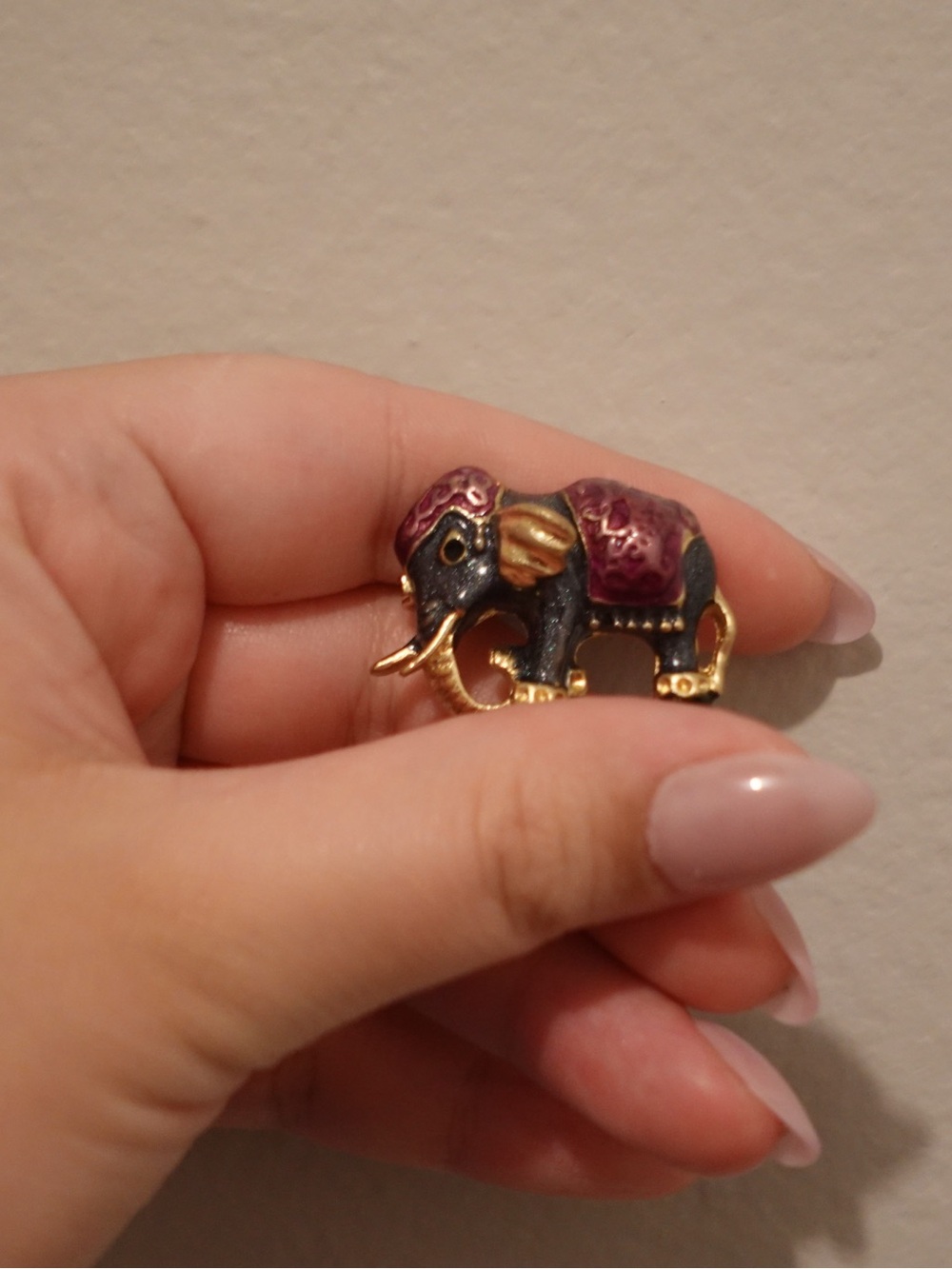 Elegant Elephant Enamel Brooch in Purple and Gold